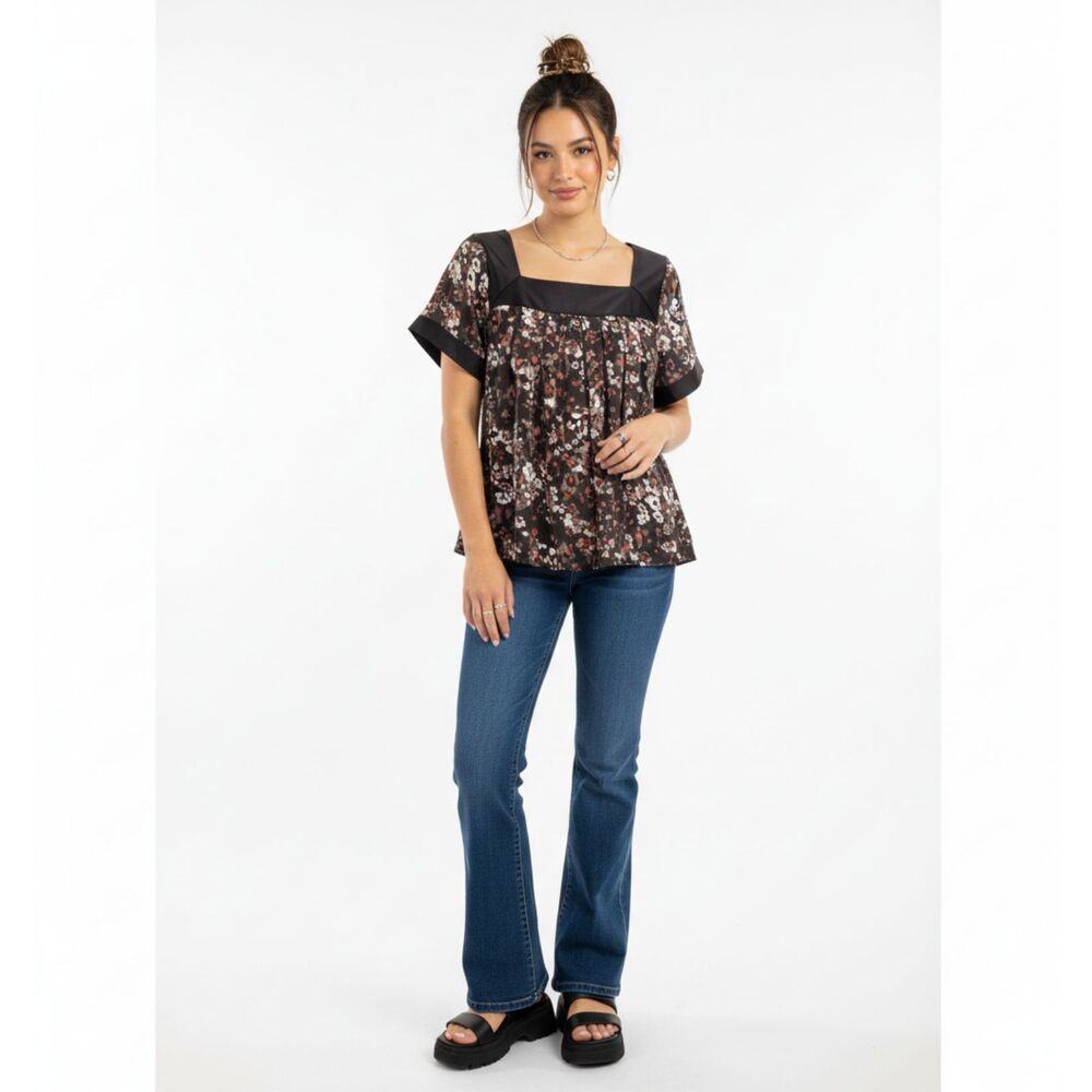 Apostrophe Brown Floral Blouse Flounce Sleeve Square Neck Relaxed Top Sz M